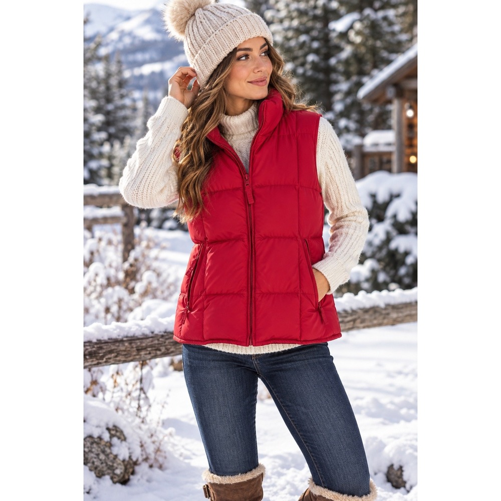 Old Navy Womens S Red Down Puffer Vest Fleece Lined Full Zip Y2K Winter